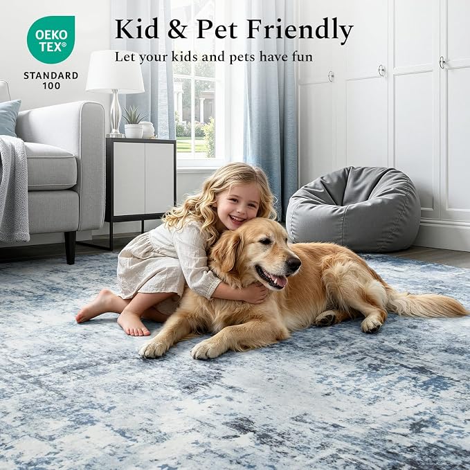 Rugflix 8x10 Area Rugs for Living Room, Washable Large Rug Stain-Resistant Low Pile, Modern Dark Carpet for Dining Room Home Office Kid Room Nursery Bedroom, Blue Grey/Black