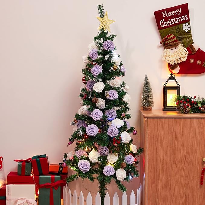 InnoGear Artificial Flowers, 100 Pcs White Foam Fake Roses Bulk with Stems for Decoration DIY Wedding Bouquets Centerpieces Bridal Shower Party Christmas Tree