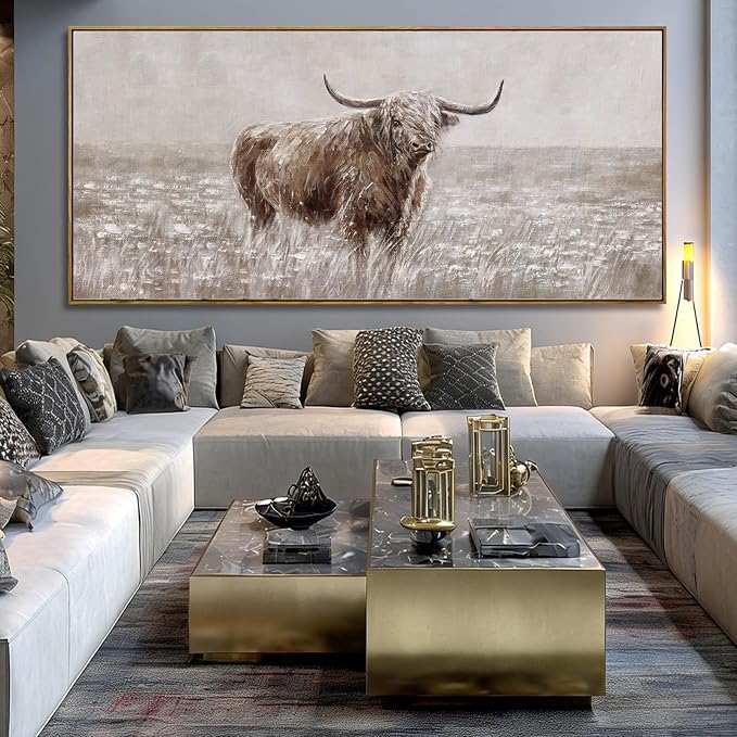 Extra Large Brown Highland Cow Canvas Wall Art with Framed Rustic Farmhouse Animal Posters Pictures Modern Country Style Wall Decor for Living Room Bedroom Office 40x88 Inch