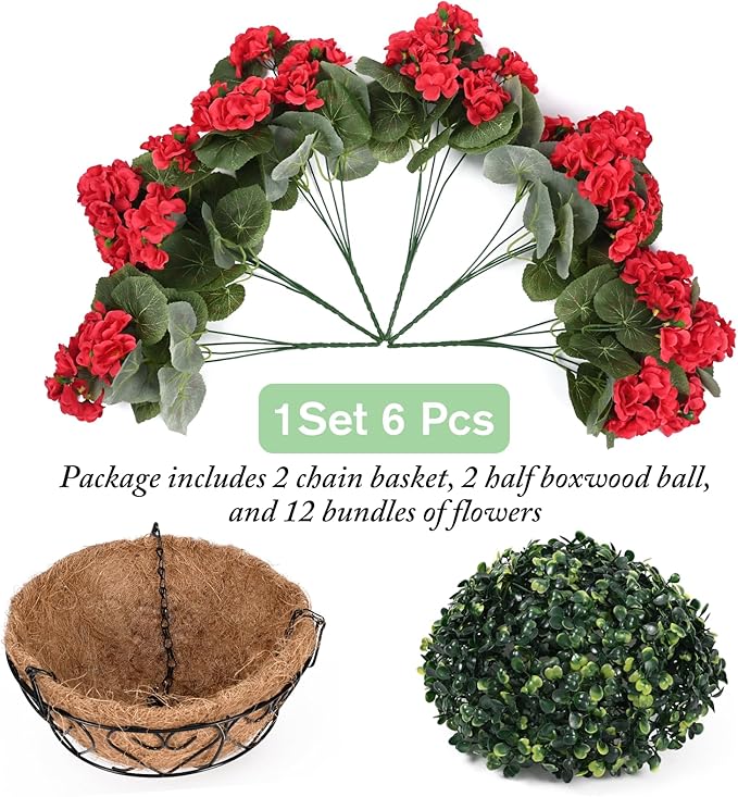 Waipfaru 2 Set Artificial Geraniums for Outdoors with Hanging Baskets, 12 Bundles UV Resistant Artificial Outdoor Plants, Fake Red Flowers for Spring Front Porch Home Patio Balcony Yard Decor