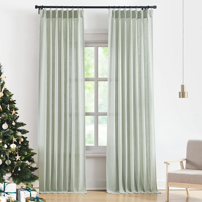 Vision Home Soft Green Pinch Pleated Semi Sheer Curtains Textured Linen Blended Light Filtering Window Curtains 95 inch for Living Room Bedroom Pinch Pleat Drapes with Hooks 2 Panels 40" Wx95 L