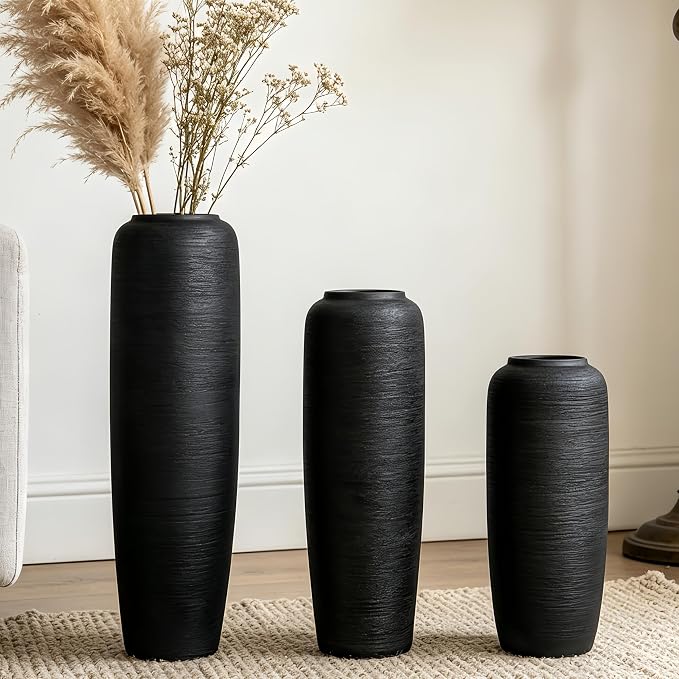Large Rustic Ceramic Black Vase,15.7 Inch Tall Pottery Farmhouse Decor Floor Vase Vintage Flower Vases for Home Living Room Entryway Table Centerpiece Decor,Terracotta Vases,Wedding Gift