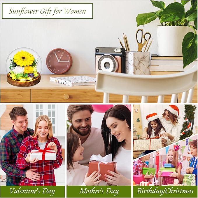 MOKOQI Sunflower Gifts for Women Mom Valentines Day Gifts for Her Preserved Real Flowers in Glass Dome with LED Strip, Forever Flowers Gifts for Wife Girlfriend Mom on Mother Day Birthday Christmas