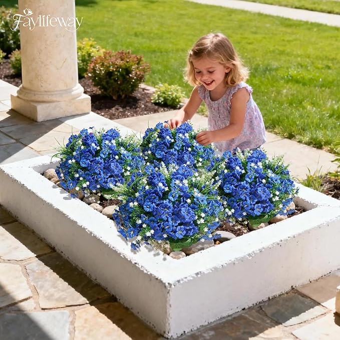 16 Bundles Artificial Flowers for Outdoors, UV Resistant Silk Faux Flowers for Outside Planters,Garden,Porch,Yard,Home Decor(Blue)