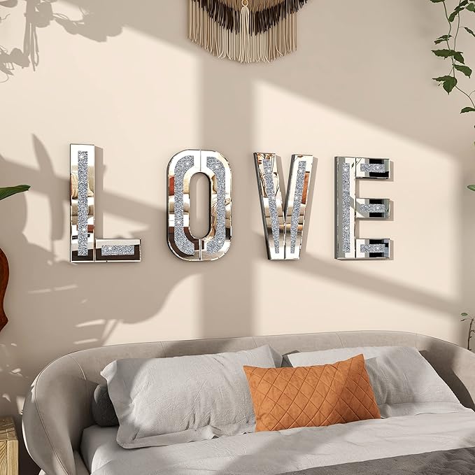 SHYFOY Mirrored Love Letters, 20" Crushed Diamond Wall Decor Large Size Crystal Mirror Set Sparkling Silver Home Decor Love Sign for Wedding Centerpiece Party Gift