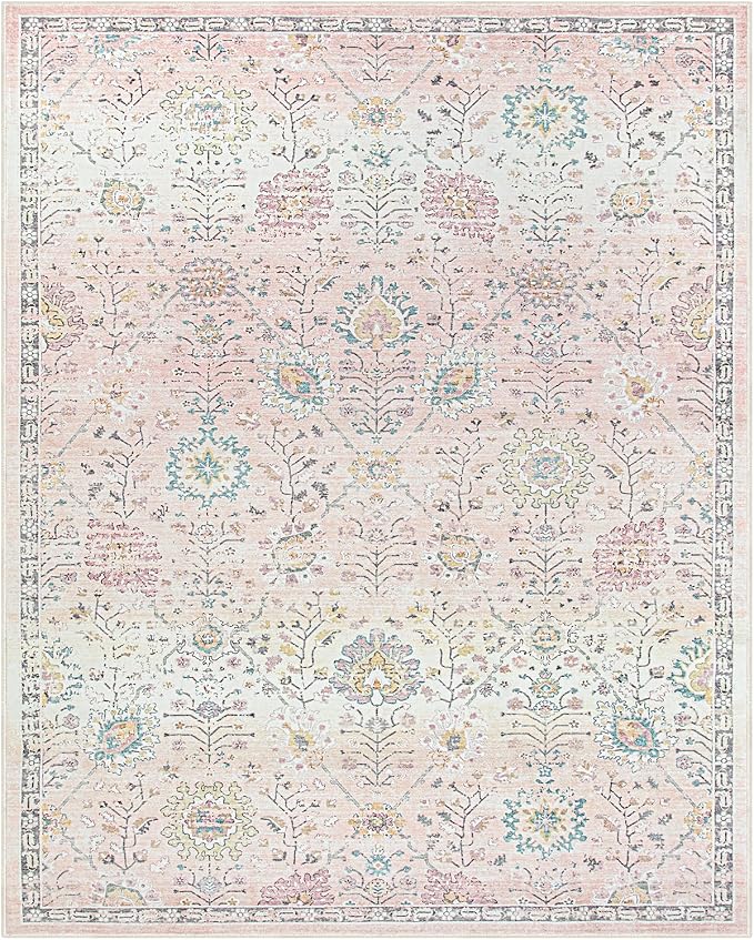 Lahome Pink Boho Area Rug, 8x10 Washable Rugs for Bedroom Girls Living Room, Soft Blush Floral Non Slip Pastel Thin Floor Carpet for Classroom Playroom Home Decor
