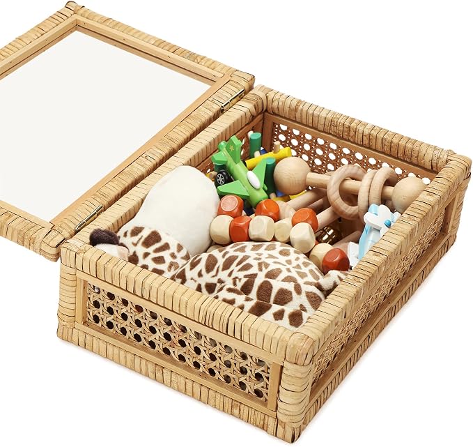 Amyhill Set of 2 Rattan Decorative Box with Glass Lid Rectangular Natural Woven Cane Stacking Display Boxes for Home Decor Rustic Shelf Organizer(15.4 x 9.5 x 7.1 Inch, 12.6 x 6.7 x 4.3 Inch)