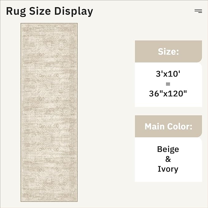 Soalmost Runner Rug 3x10 Washable Non-Slip Hallway Runner Rugs for Kitchen Bathroom Laundry Room Beige Vintage Floor Carpet Runners for Hallways Entryway