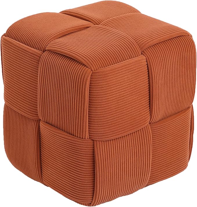 Cmishe 15" Square Woven Corduroy Ottoman Footrest - Modern Vanity Stool for Living Room & Entryway, Eco-Friendly Wood Frame, No Assembly (Orange)