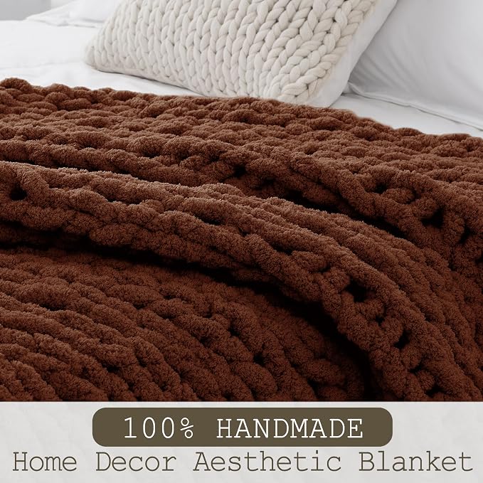 Chunky Knit Throw Blanket 60x80, 100% Handmade Chenille Yarn | 6.7lbs Soft Thick Cable Knitted Blankets, Large Rope Knot Crochet Throws for Couch Sofa Bed Machine Washable, Cocoa Brown