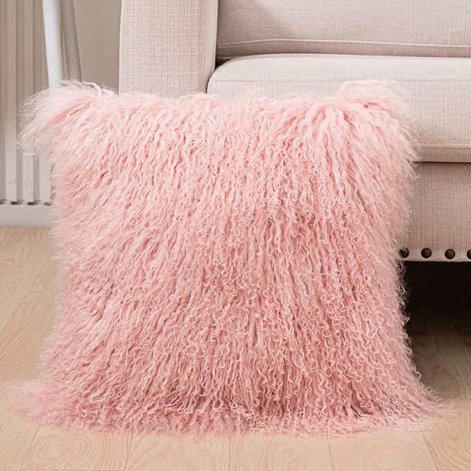 Real Tibetan Mongolian Lamb Fur Pillow Cover Sheepskin Wool Fur Decorative Throw Pillow Case Cushion Cover,Pink, 20''x 20''