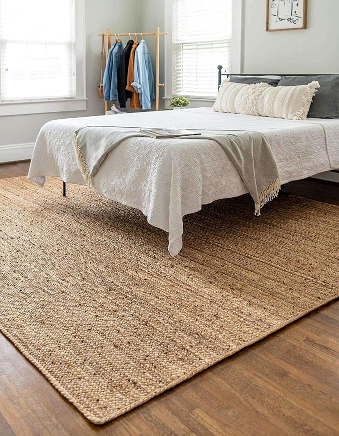 Hand Woven Jute Rug 10x14 Feet Rectangle - Handcrafted Braided Design, Indoor & Outdoor Reversible Natural Fiber Rug - Rustic Farmhouse Carpet for Living Room, Hallway, Bedroom (Natural, 10'x14')
