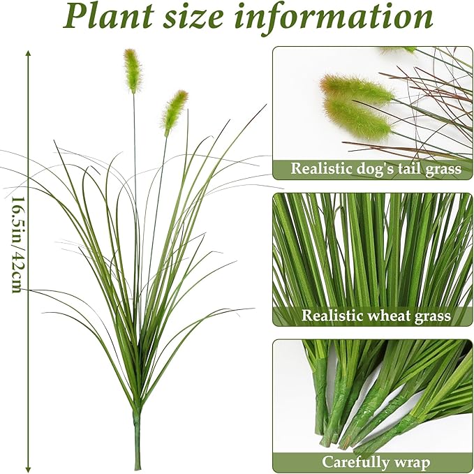 14PCS Artificial Dog Tail Grass Plant UV Resistant Outdoors Faux Plants Ornamental Wheat Grass Cattails Artificial Flowers Home Decor for Outdoor Garden (14, Dark Green with Dog Tail)