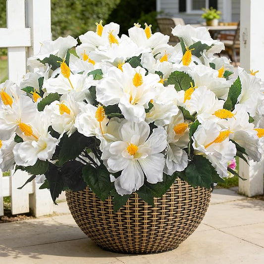 Grunyia Artificial Hibiscus Flowers 5 Bundles, UV Resistant Fake Tropical Flowers Realistic Silk Blooms for Outdoor Planter Garden Patio Porch Window Box Home Decor (White)