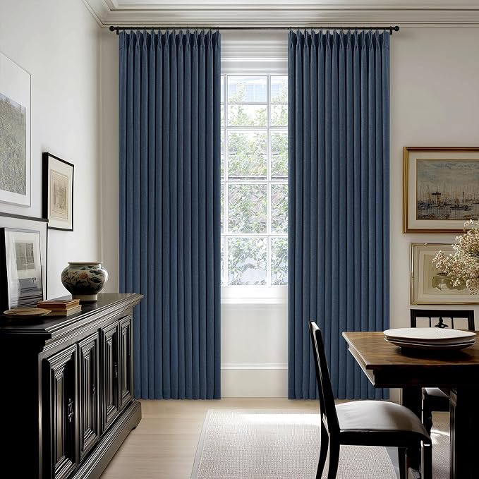 Extra Long Navy Blackout Curtains 120 Inches Long for Bedroom 2 Panels Pinch Pleated 100% Black Out Soundproof Room Darkening Dark Blue Window Curtains Double Layer Pinch Pleat Drapes