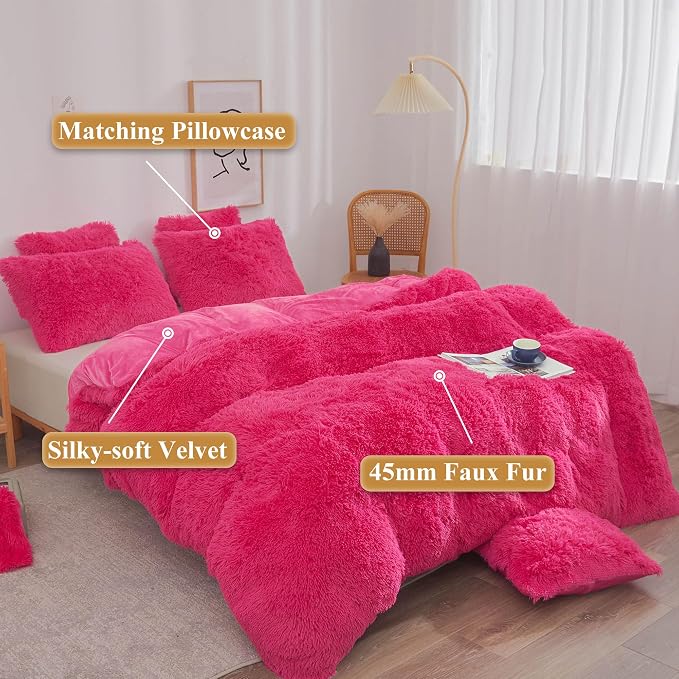 XeGe Plush Shaggy Duvet Cover Set, Luxury Ultra Soft Fluffy Faux Fur Bedding Sets 3 Pieces Velvet(1 Fuzzy Furry Comforter Cover + 2 Faux Fur Pillow Cases), Zipper Closure (Queen, Hot Pink)