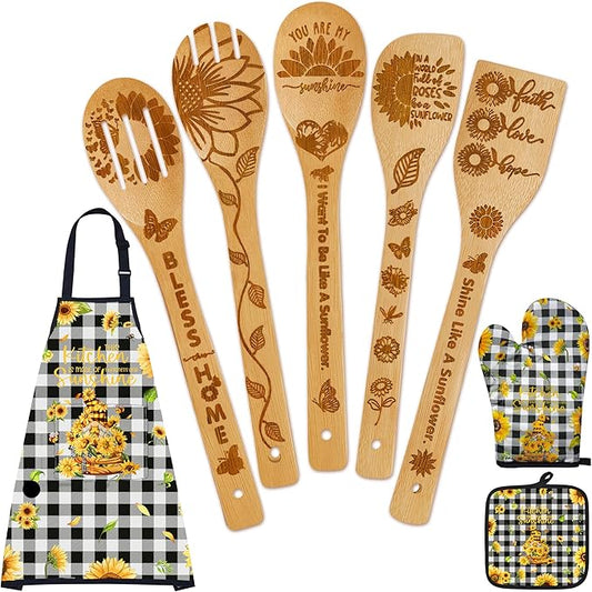 8PCS Sunflower Kitchen Bamboo Cooking Spoon Utensil Set with Apron Oven Mitt Pot Holder -Sunflower Themed Decor Gifts for Women,Mom,Housewarming,Christmas,Birthday Gift