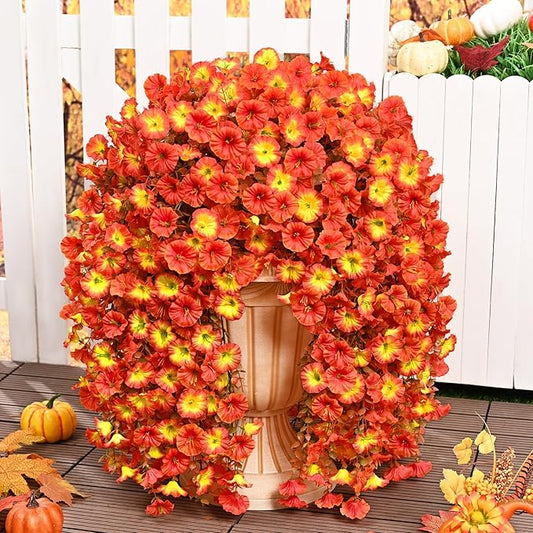 Dolicer 4 Packs Look Real Artificial Fall Flowers Mums for Outdoors, Realistic Faux Mums for Outdoor Planters, UV Resistant Fall Flowers Artificial for Decoration Front Porch (Mixed Orange)