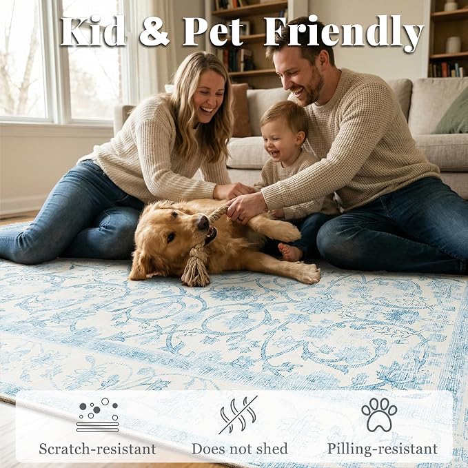 Washable Rugs for Living Room: 10x14 Area Rugs for Bedroom Ultra Soft Non-Slip Low Pile Vintage Boho Large Carpet for High-Traffic Dining Room - Farmhouse Decor