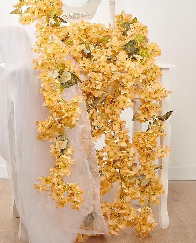 PONKING Flower Garland, Artificial Hydrangea Vine Flowers, Hanging Fake Hydrangeas Vine for Room Anniversary Wedding Birthday Christmas Wall Arch Decor, 2 Pcs, Floral Garland, Champagne Flower