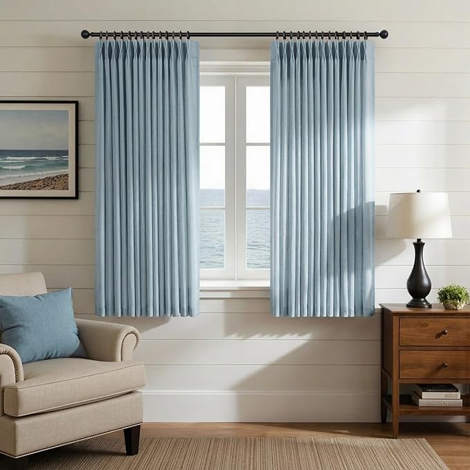 Slate Blue Curtains 45 Inch Length for Kitchen 2 Panel Set Pinch Pleat Back Tab Casual Flax Linen Soft Cotton Textured Semi Sheer Mineral Stone Blue Curtains for Boys Bedroom Bathroom Nursery 45 Long