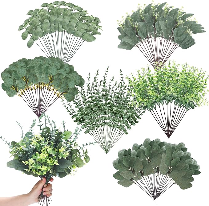 200 Pcs 6 Kinds Mixed Eucalyptus Leaves Stems Bulk Artificial Greenery Plants Fake Silver Dollar Eucalyptus Bundle Faux Plants Greenery for DIY Bouquets Floral Arrangement Wedding Engagement Decor