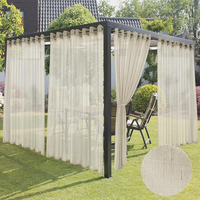 HolidayIdeas 4 Panels Natural Linen Outdoor Sheer Curtains for Patio Waterproof-Semi Sheer Wide Grommet Indoor/Outside Voile Curtains for Living Room, Bedroom, Porch, Pergola, Cabana 110x84 Inch