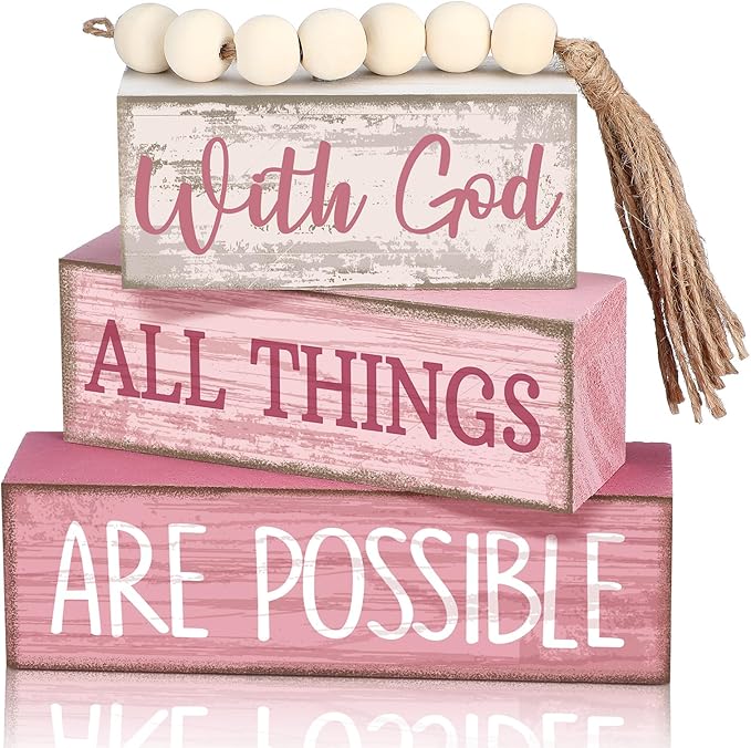 Yuntau 4 Pcs Farmhouse Wooden Tabletop Decor Farmhouse Tiered Tray Decor Rustic Retro Decorative Books Wood Bead Garland with God All Things are Possible Block Centerpiece Sign for Home Shelf Mantle