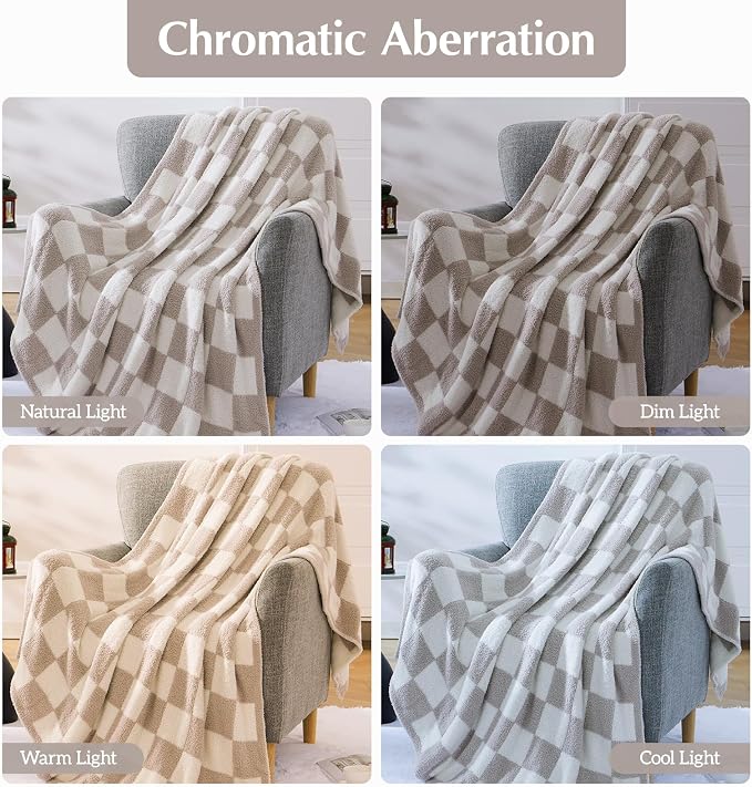 WRENSONGE Soft Twin Size Checkered Blanket for Bed-Cozy Knitted Blankets | Lightweight Fluffy Warm Decor for Women, Mom, Her & Girls, Sofa, Chair, Couch, 60x80in, Taupe