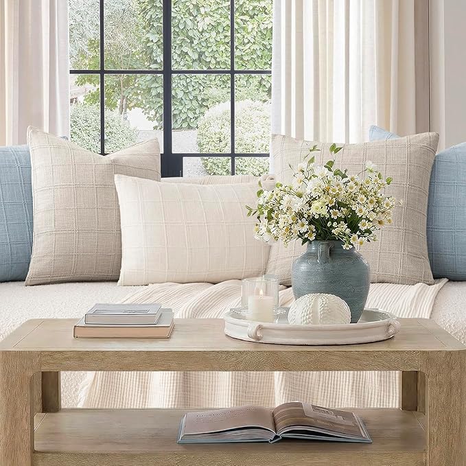 Foindtower Set of 2 Decorative Linen Check Throw Pillow Covers Neutral Farmhouse Vintage Cushion Covers Modern Coastal Boho Home Decor for Sofa Chair Couch Bedroom Living Room,18×18 Inch,Light Grey