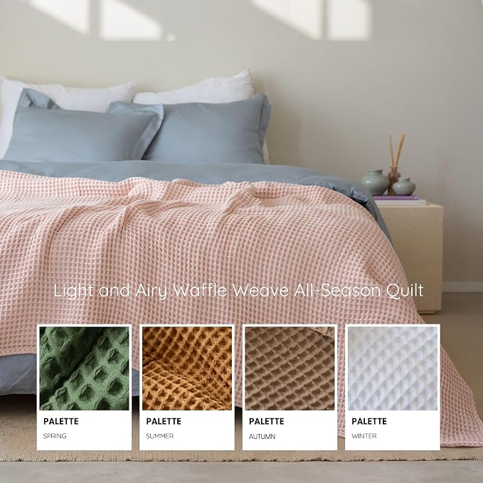 Premium Waffle Throw Blanket California King Size Pink - 100% Turkish Cotton, Light and Airy Waffle Weave All-Season Quilt - Luxury Decorative Bedspread (Pink Powder, 95" x 126" Inch)