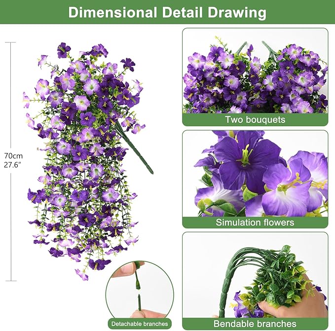 Artificial Fake Flowers Plants for Outdoor Spring Summer Decoration,2 PCS Faux Silk Morning Glory with Eucalyptus Leaves,UV Resistant Realistic Outdoor Flowers for Balcony Porch Patio Yard Garden