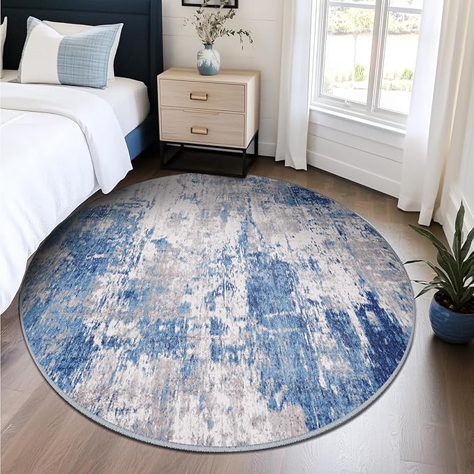 RELEANY Washable Area Rugs 6ft Non-Slip Modern Abstract Soft for Living Room Entryway Bedroom Nursery, Print Pattern, Blue Grey Navy Gray