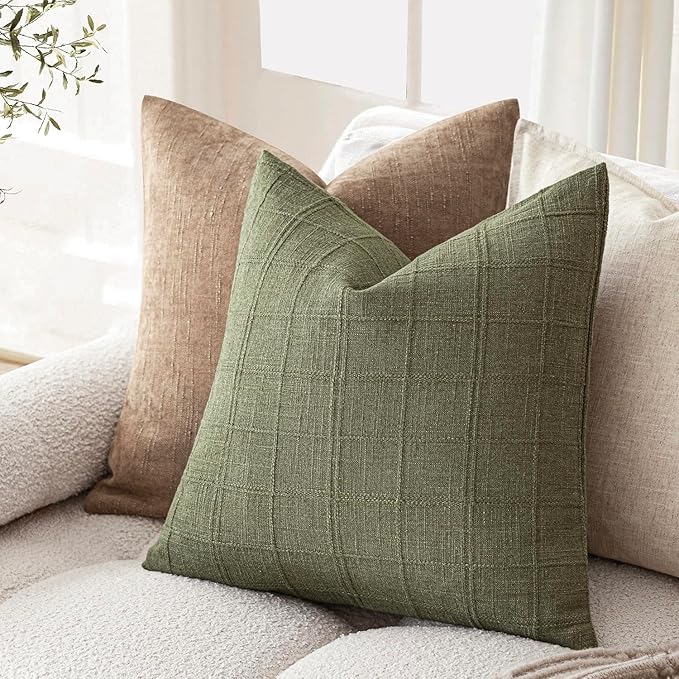 Foindtower Set of 2 Decorative Linen Check Throw Pillow Covers Neutral Farmhouse Vintage Cushion Covers Modern Boho Home Decor for Sofa Chair Couch Bedroom Living Room,18×18 Inch,Sage Green
