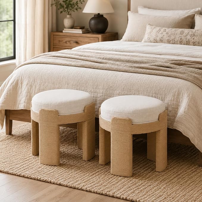 Round Ottoman Set of 2, Boho Hand-Woven Rope Upholstered Ktichen Vanity Chairs Accent Stool Fully Assembled for Bedroom Living Room, Beige Linen