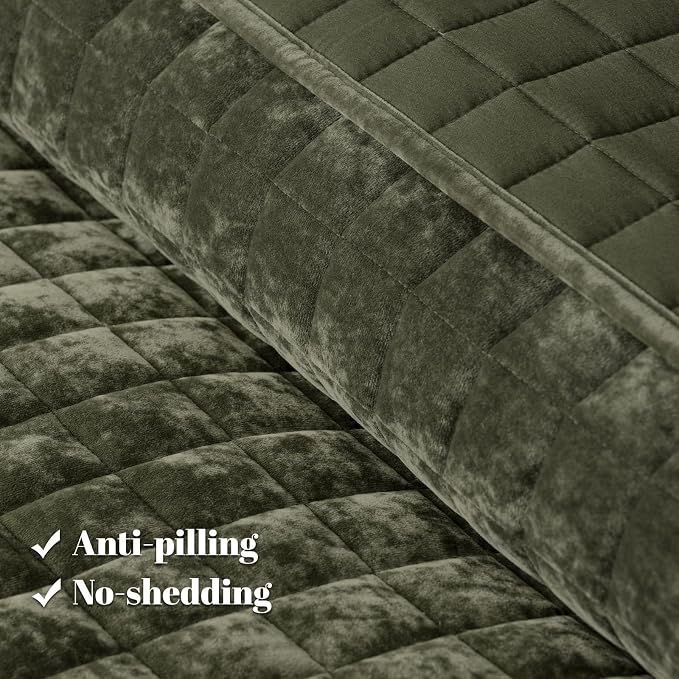 PHF Luxurious Velvet Quilt Set Queen Size – 3PCS Super Soft Quilted Comforter Alternative with Square-Box Quilt Pattern, Warm Quilted Bedspread Coverlet, 90" x 92", Smokey Olive