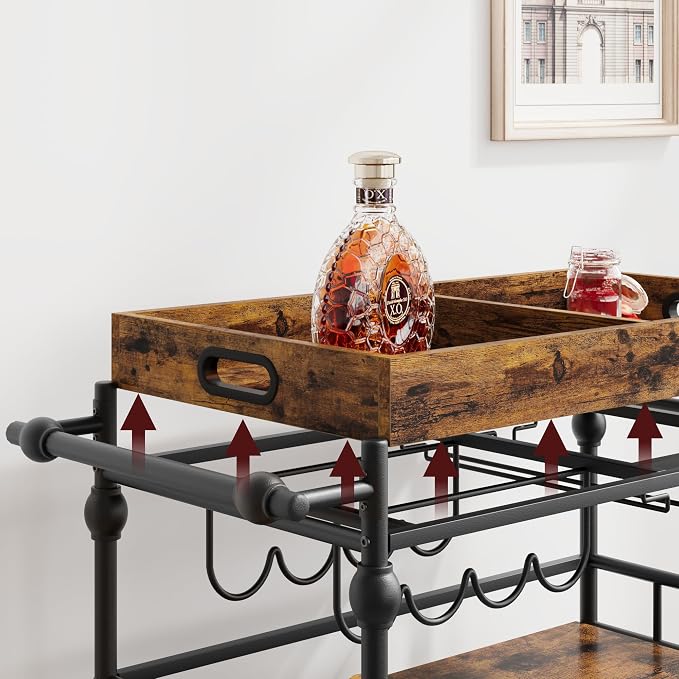 Garvee Bar Cart with Wheels, 3-Tier Rolling Serving Cart with Removable Tray, Mobile Kitchen Beverage Cart with Wine Rack & Glass Holder, Retro Roman Column Design, 35.4 x 15.7 x 34.1 Inches, Brown