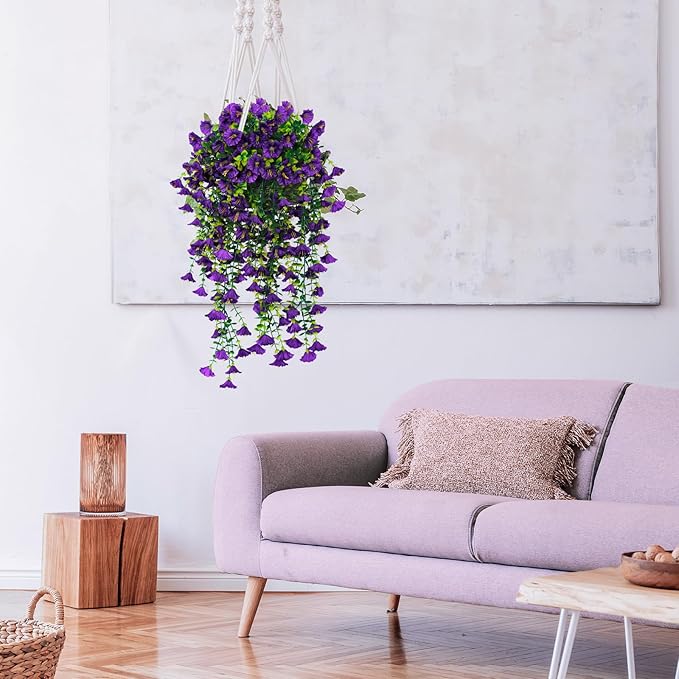 SJL Faux Hanging Plants Outdoor Flowers UV Resistant Fake Plants for Outside Fake Silk Colorful Morning Glory Artificial Eucalyptus Leaves for Arch Backyard Kitchen Spring Outside Decorations(Purple)