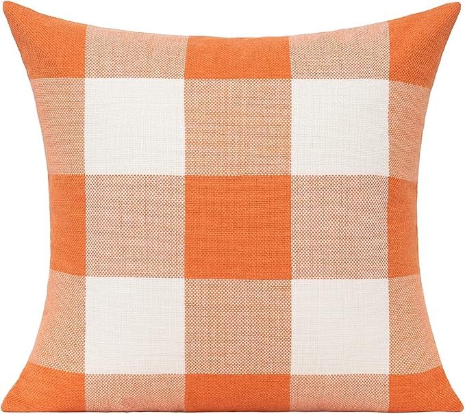 Fall Orange Decor Outdoor Throw Pillow Covers 22x22 Set of 2 Buffalo Check Plaids Decorative Autumn Farmhouse Thanksgiving Cotton Linen Rustic Cushion Cases Home Decor for Bedroom Couch Patio White
