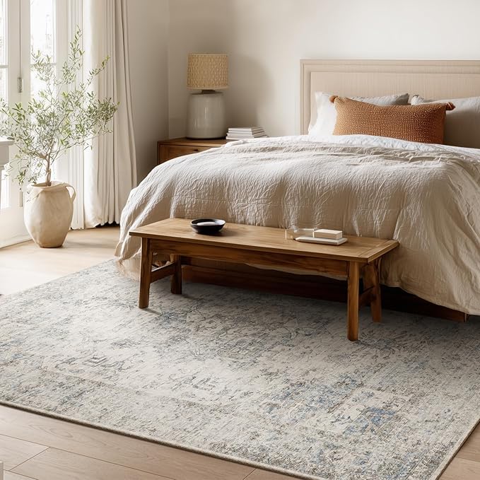 Machine Washable Rugs for Living Room: 6x9 Area Rugs for Bedroom Ultra Soft Non-Slip Low Pile Vintage Distress Boho Large Carpet for High-Traffic Dining Room - Farmhouse Decor