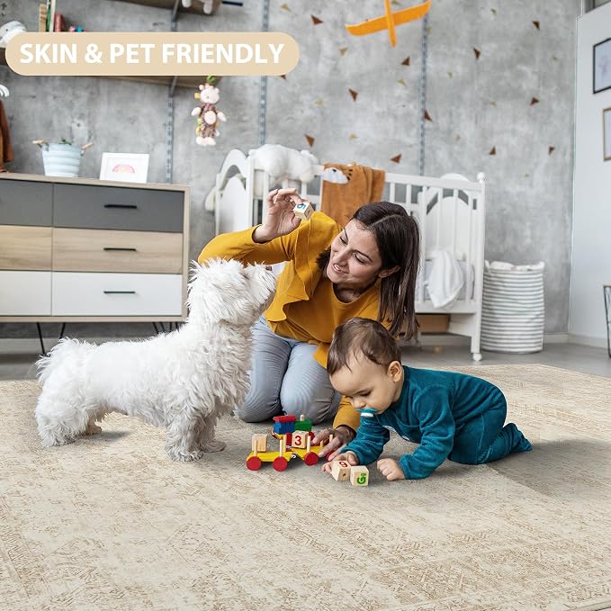 8x10 Area Rugs for Living Room Rug Washable: Abstract Large Rug for Dining Room Bedroom Carpet Non Slip 8 by 10 Indoor Modern Nursery Home Office Beige