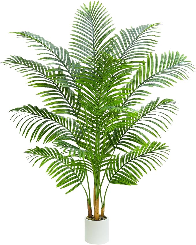 Artificial Palm Tree Plant 6FT Tall Fake Tropical Palm Tree in Pot, Real Bark Design Faux Areca Palm Tree for Home Office Living Room Bedroom Farmhouse Modern Indoor Outdoor Topiary Tree (18 Trunks)