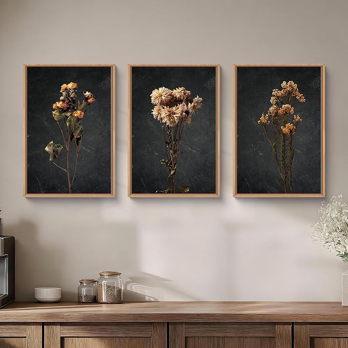 HOURIA Dark Moody Dried Floral Framed Canvas Wall Art Set,Vintage Mid Century Black Flower Wall Decor,Retro Boho Minimalist Wildflower Botanical Artwork for Living Room,Bedroom,Farmhouse- 24"x36"x3