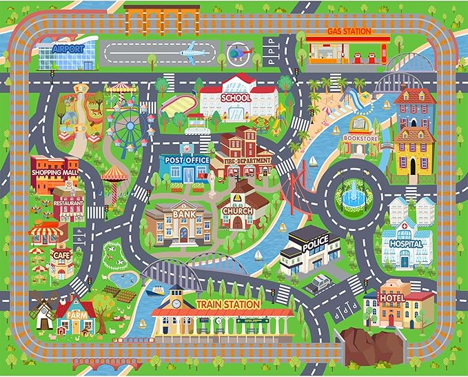Car Rug Play Mat for Kids Toy Cars, Road Traffic Playmat for Kid Bedroom, Non-Slip Machine Washable Town City Race Track Carpet for Learn and Have Fun 3'x4'/ 36"x48"