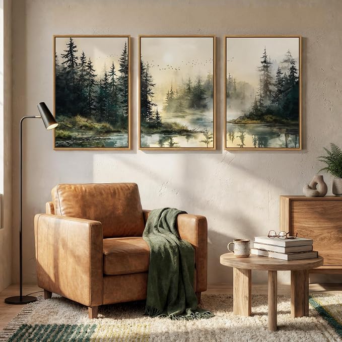 Framed Forest Landscape Nature Wall Art Bedroom, 3 Piece Foggy Pine Tree Lake Canvas Artwork for Walls, Sunset Wall Decor Paintings Pictures Print for Living Room Home Office Hallway, 16x24 Inch