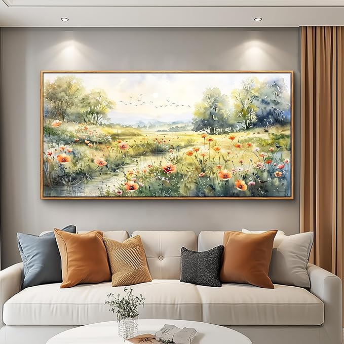 XIGUANGART Framed Canvas Prints Wall Art Pastoral Art Work for Wall Decor Riverside Grassland Watercolour Scenery Pictures Abstract Large Paintings for Living Room Bedroom Office Modern Decorations
