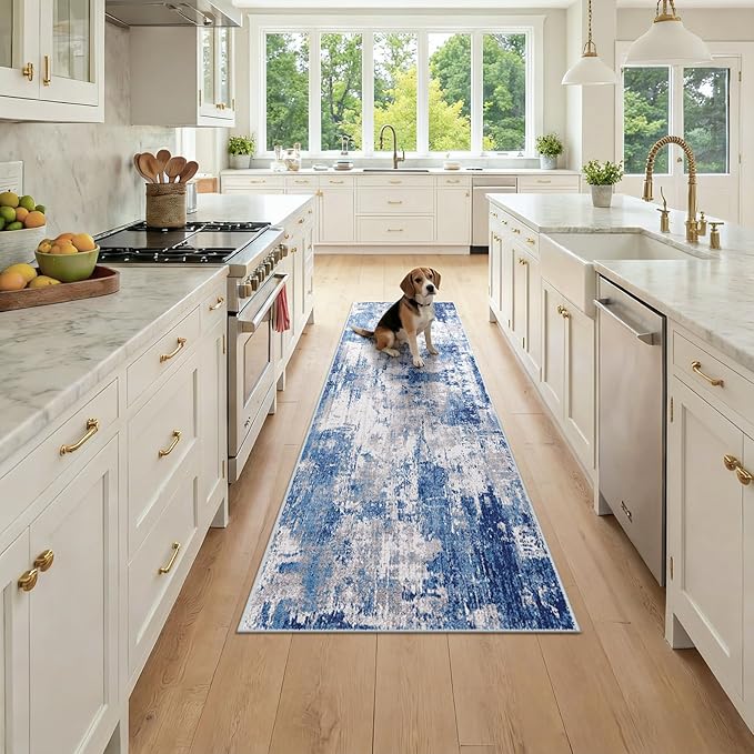 RELEANY Washable Area Rugs 2x7 Non-Slip Modern Abstract Soft for Living Room Entryway Bedroom Nursery, Print Pattern, Blue Grey Navy Gray