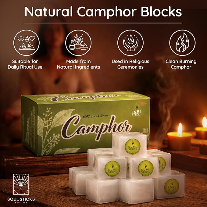 SOUL STICKS Natural Camphor Blocks,Pure Camphor Tablets for Aromatherapy & Puja - Alcanfor en Bloques, Alcanfor en Bolitas, Kapoor for Pooja (300 Grams (64 Tablets))