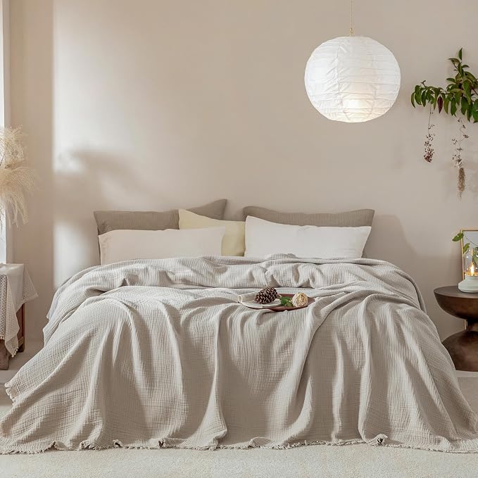 Muslin Fringe Blankets for Adults: 100% Cotton Cloud Soft | 4-Layer Gauze Breathable Lightweight All Season Throw Blanket for Bed Couch Sofa Office