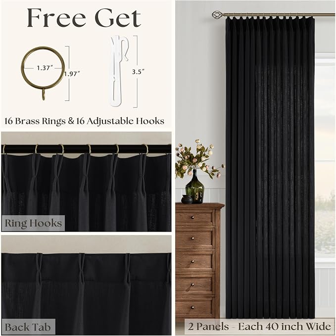 Black Pinch Pleated Semi Sheer Linen Curtains 96 Inch Long for Living Room | Light-Filtering Privacy, Dining Room Bedroom Office, Faux Textured, Memory Shape Hook Rings, Luxury, Room Divider, Drapes